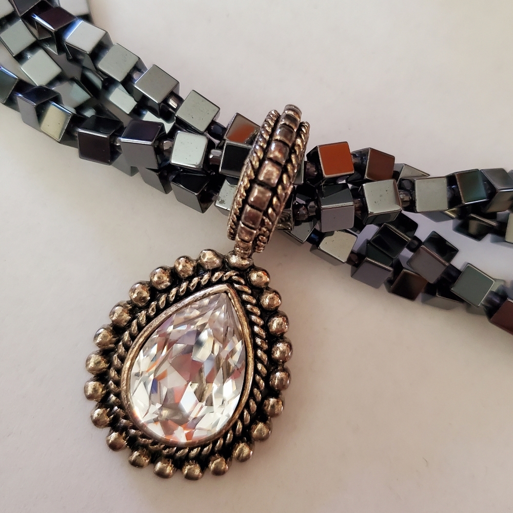 RJ GRAZIANO Chunky Multi Strand Hematite Necklace with Swarovski Pear Shape Drop